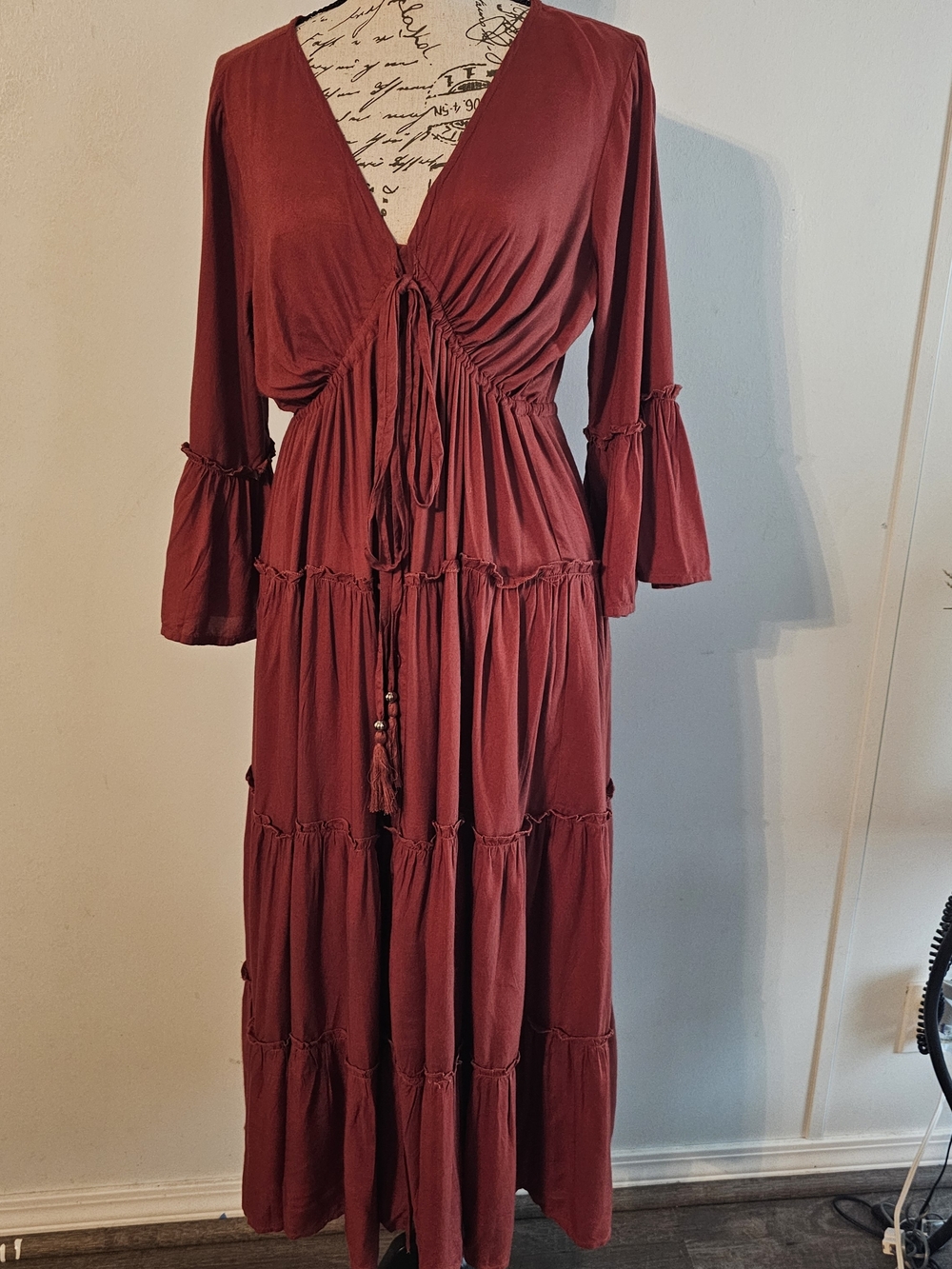 J. Gee Rust Boho Tiered Ruffle Skirt ButtonUp Cinch Drawstring Under Bust Prarie